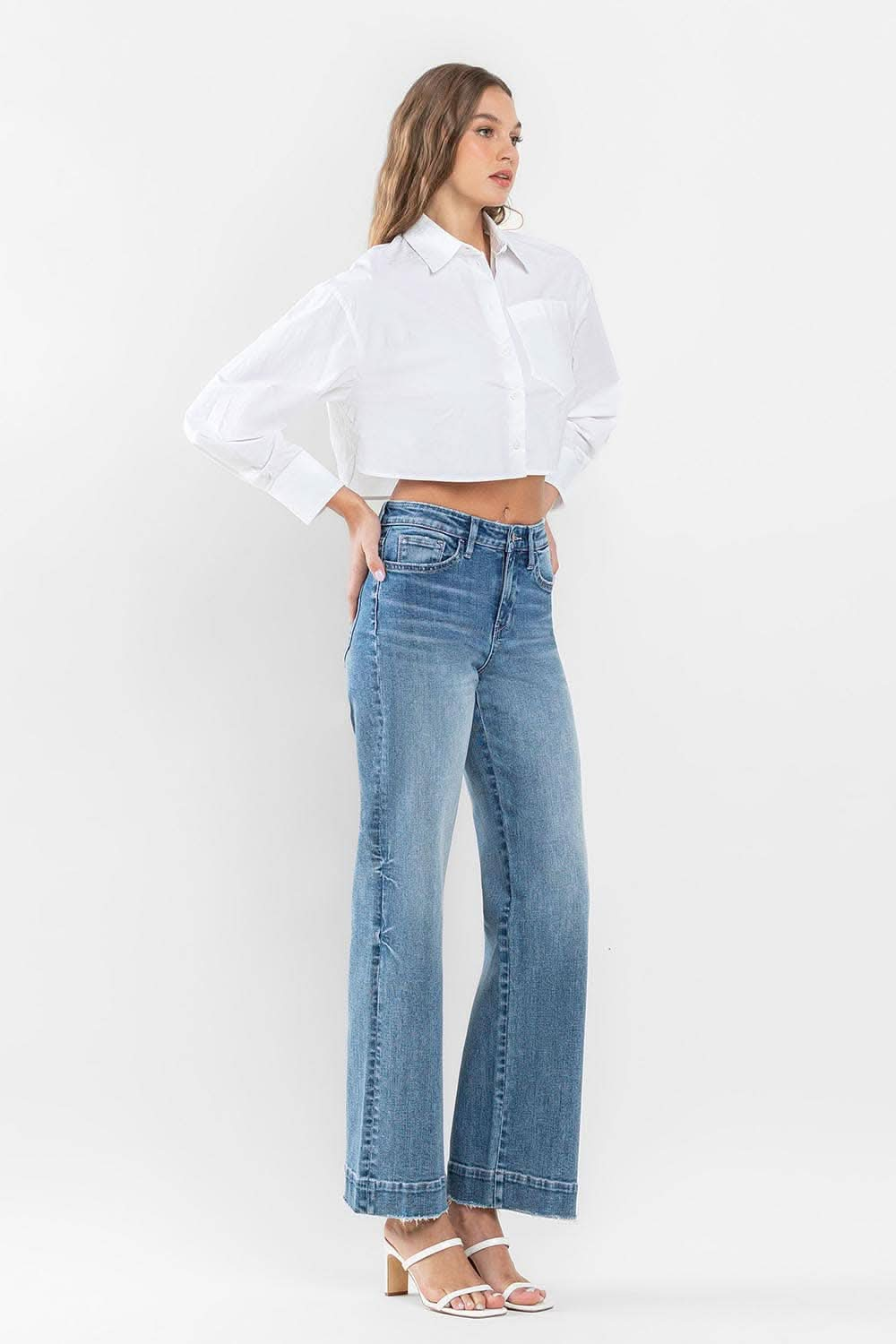 High Rise Wide Leg Jeans with Trouser Hem Detail - Purpose + Passion Boutique