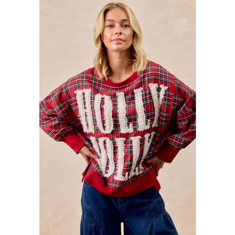 Holly Jolly Christmas Plaid Oversized Sweatshirt - Purpose + Passion Boutique