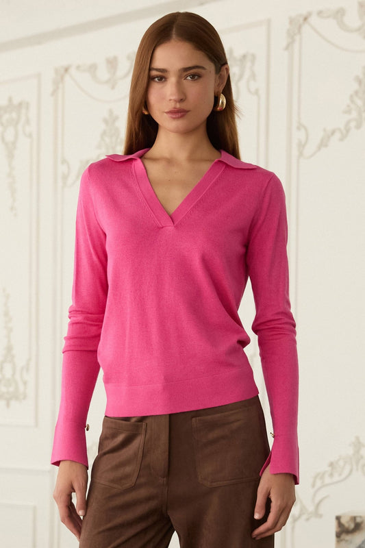 Hot Pink Long Sleeve Polo Knit Top - Purpose + Passion Boutique