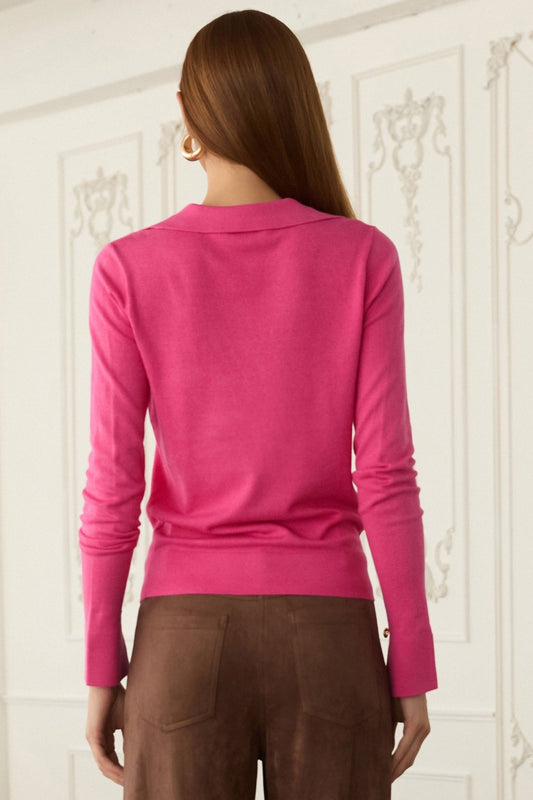 Hot Pink Long Sleeve Polo Knit Top - Purpose + Passion Boutique