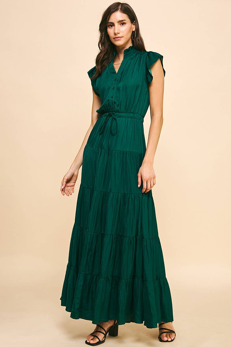 Hunter Green Satin Tiered Maxi Dress - Purpose + Passion Boutique