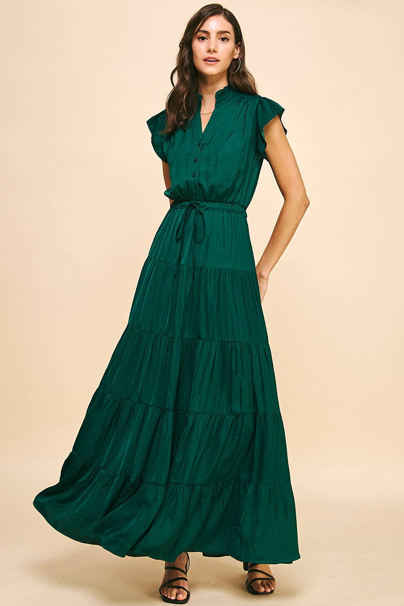 Hunter Green Satin Tiered Maxi Dress - Purpose + Passion Boutique