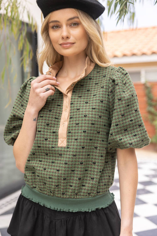 Hunter Green Snap Buttoned Contrast Placket Bow Flannel Top - Purpose + Passion Boutique