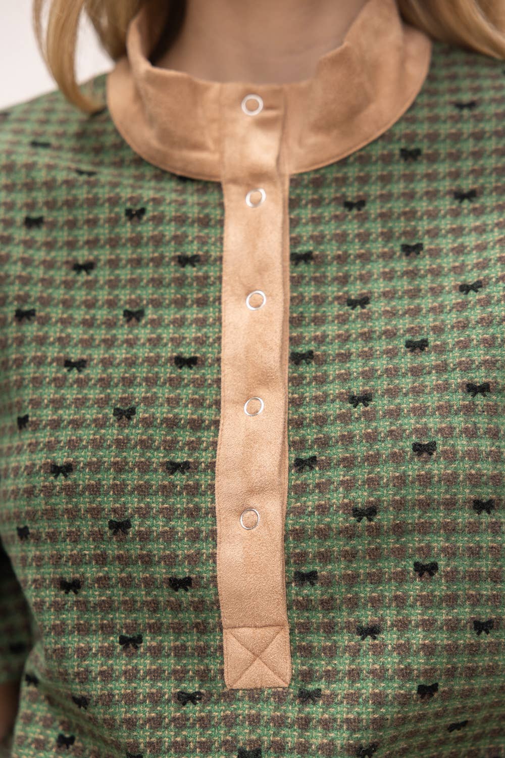 Hunter Green Snap Buttoned Contrast Placket Bow Flannel Top - Purpose + Passion Boutique