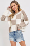 Ivory Brown Soft Cozy Checker Knit Sweater - Purpose + Passion Boutique
