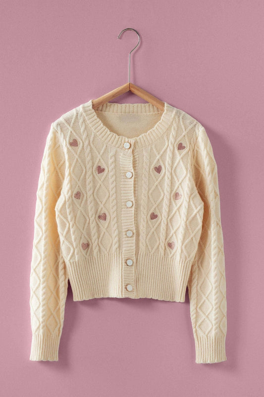 Ivory Cable Knit Heart Embroidered Cardigan - Purpose + Passion Boutique