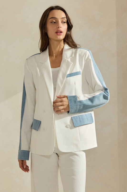 Ivory Colorblock Denim Blazer - Purpose + Passion Boutique