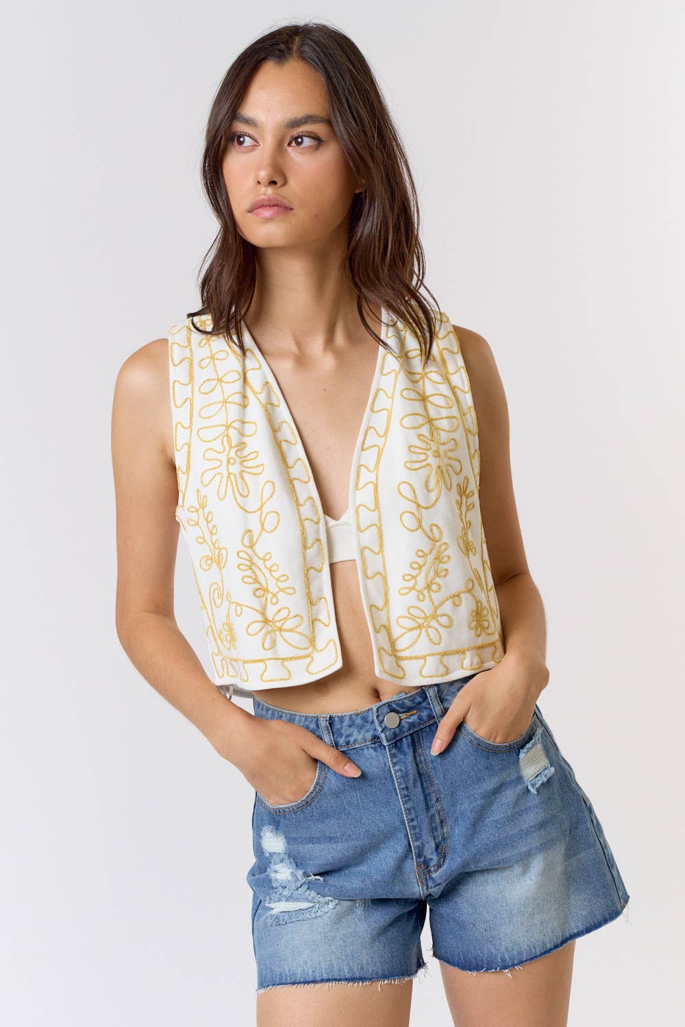 Ivory Flower Embroidery Open Front Vest - Purpose + Passion Boutique