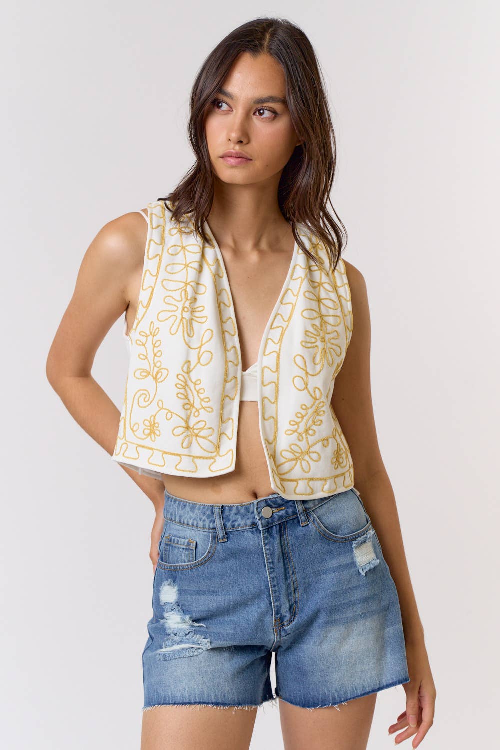 Ivory Flower Embroidery Open Front Vest - Purpose + Passion Boutique