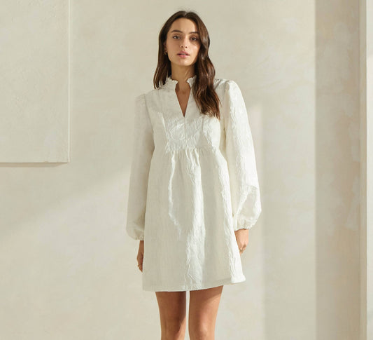 Ivory Flower Jacquard Mini Dress - Purpose + Passion Boutique