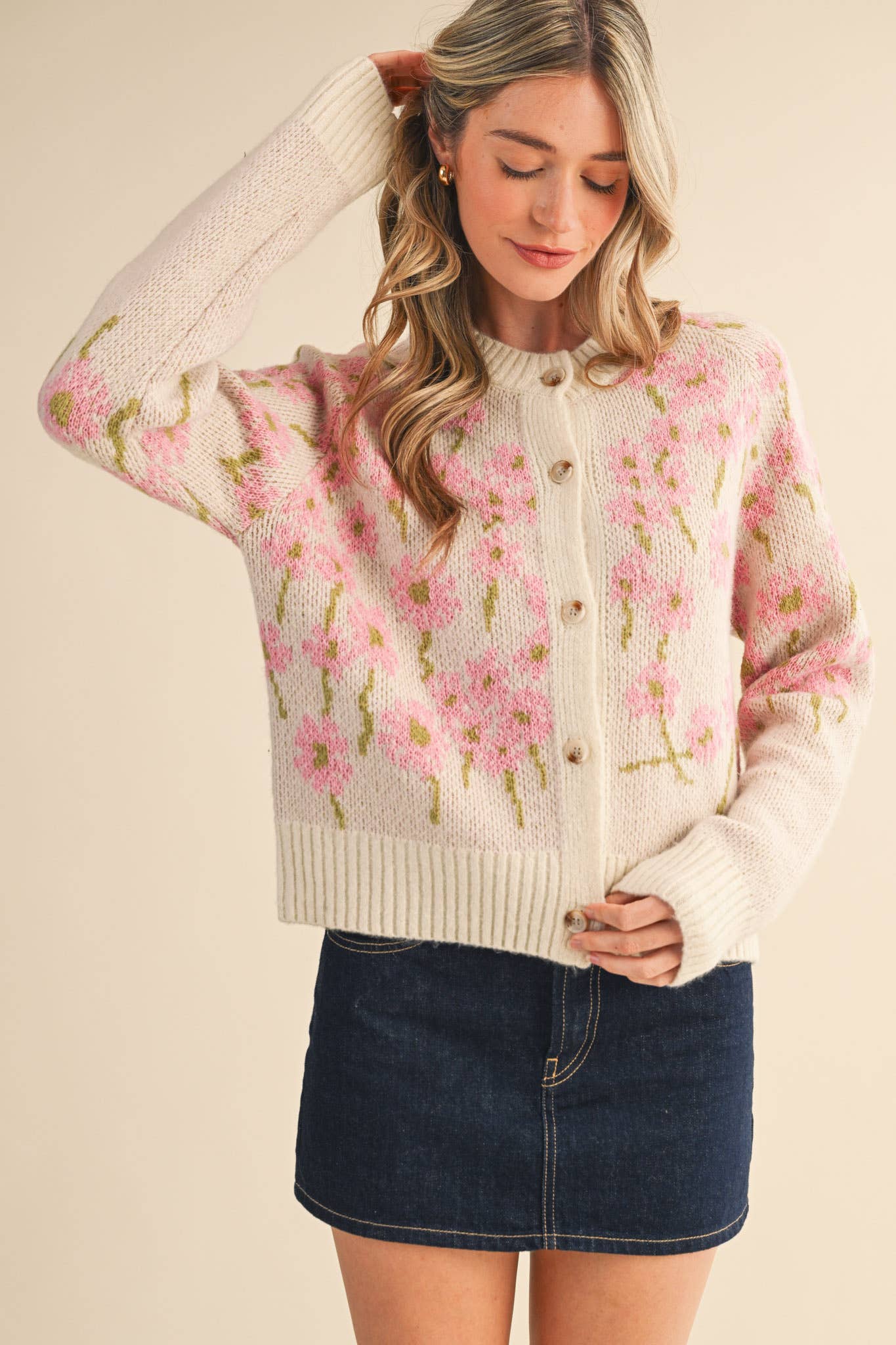 Ivory Pink Floral Knit Button Down Cardigan Sweater - Purpose + Passion Boutique