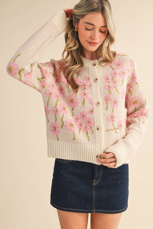 Ivory Pink Floral Knit Button Down Cardigan Sweater - Purpose + Passion Boutique