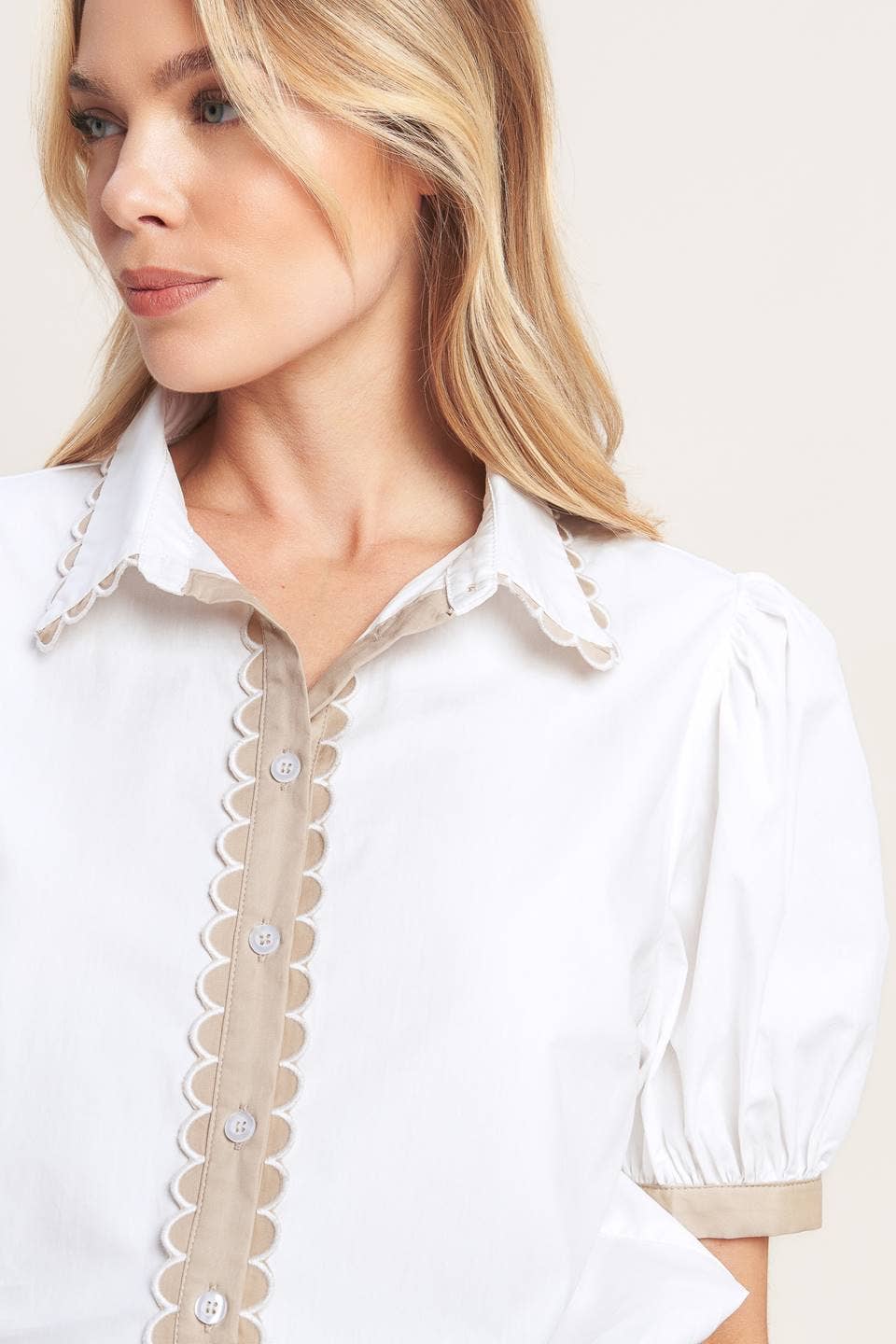 Ivory + Taupe Scallop Edge Collar Blouse - Purpose + Passion Boutique