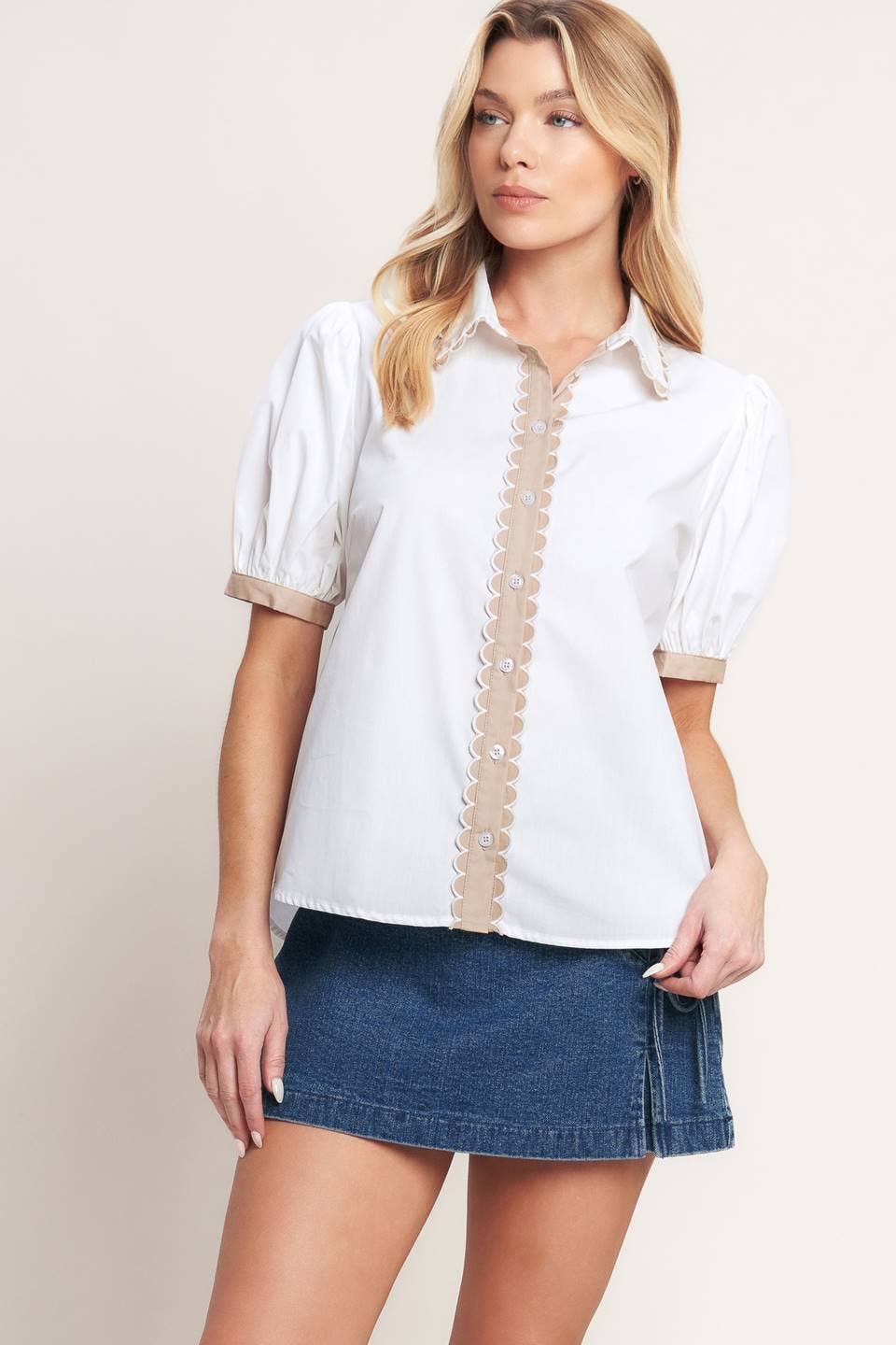 Ivory + Taupe Scallop Edge Collar Blouse - Purpose + Passion Boutique