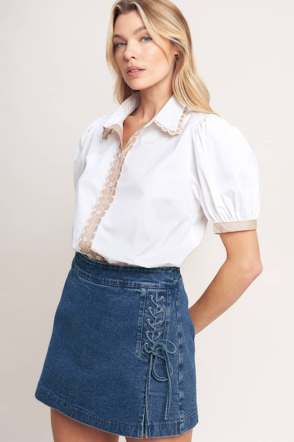 Ivory + Taupe Scallop Edge Collar Blouse - Purpose + Passion Boutique