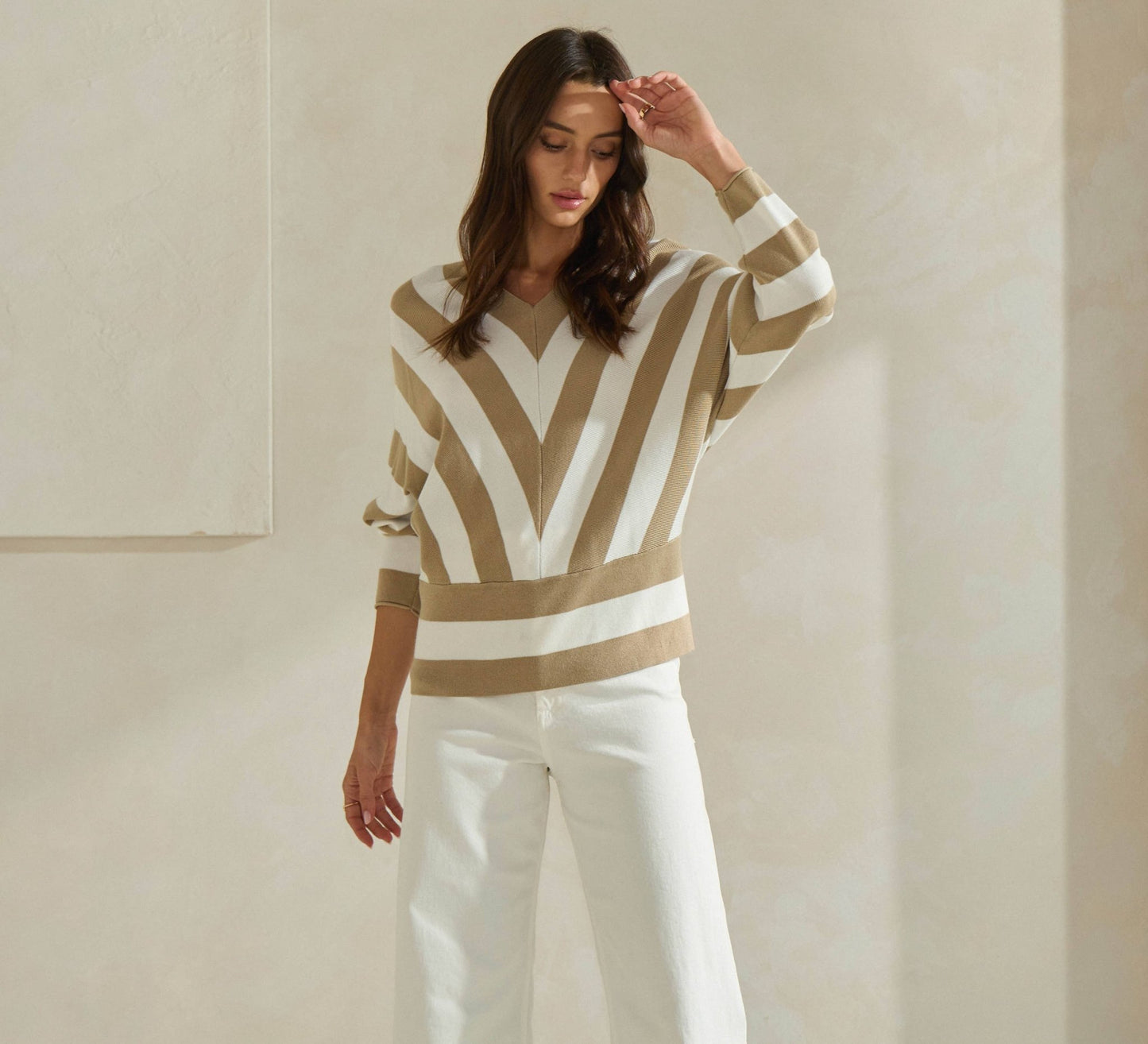 Ivory / Taupe Striped Dolman Sleeve Sweater - Purpose + Passion Boutique