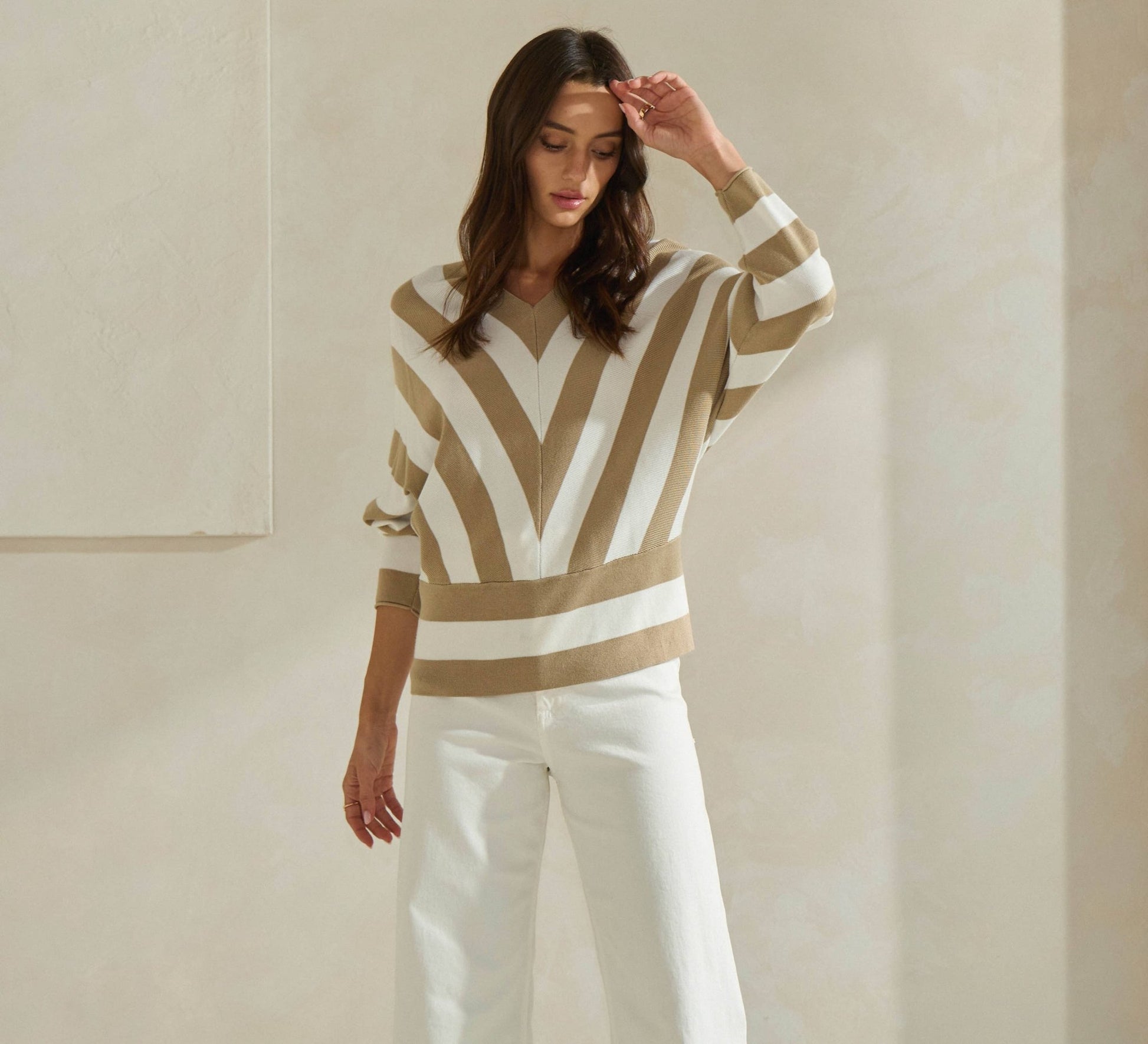 Ivory / Taupe Striped Dolman Sleeve Sweater - Purpose + Passion Boutique