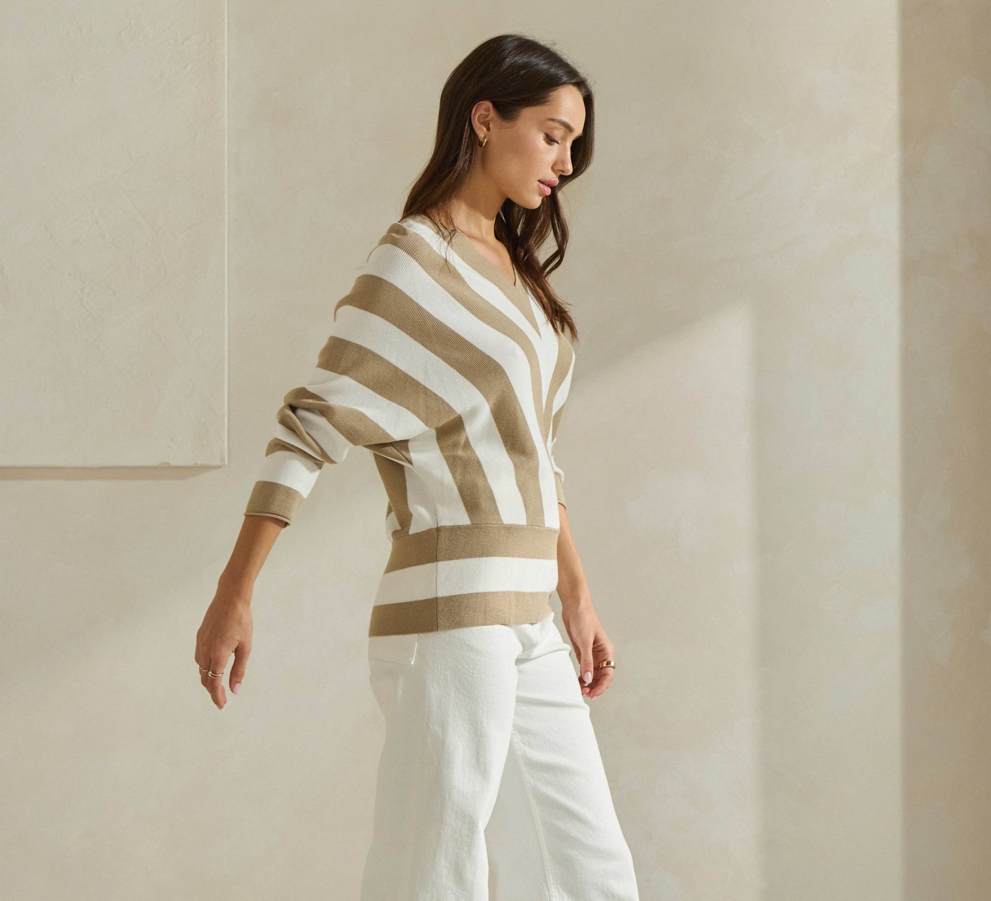 Ivory / Taupe Striped Dolman Sleeve Sweater - Purpose + Passion Boutique