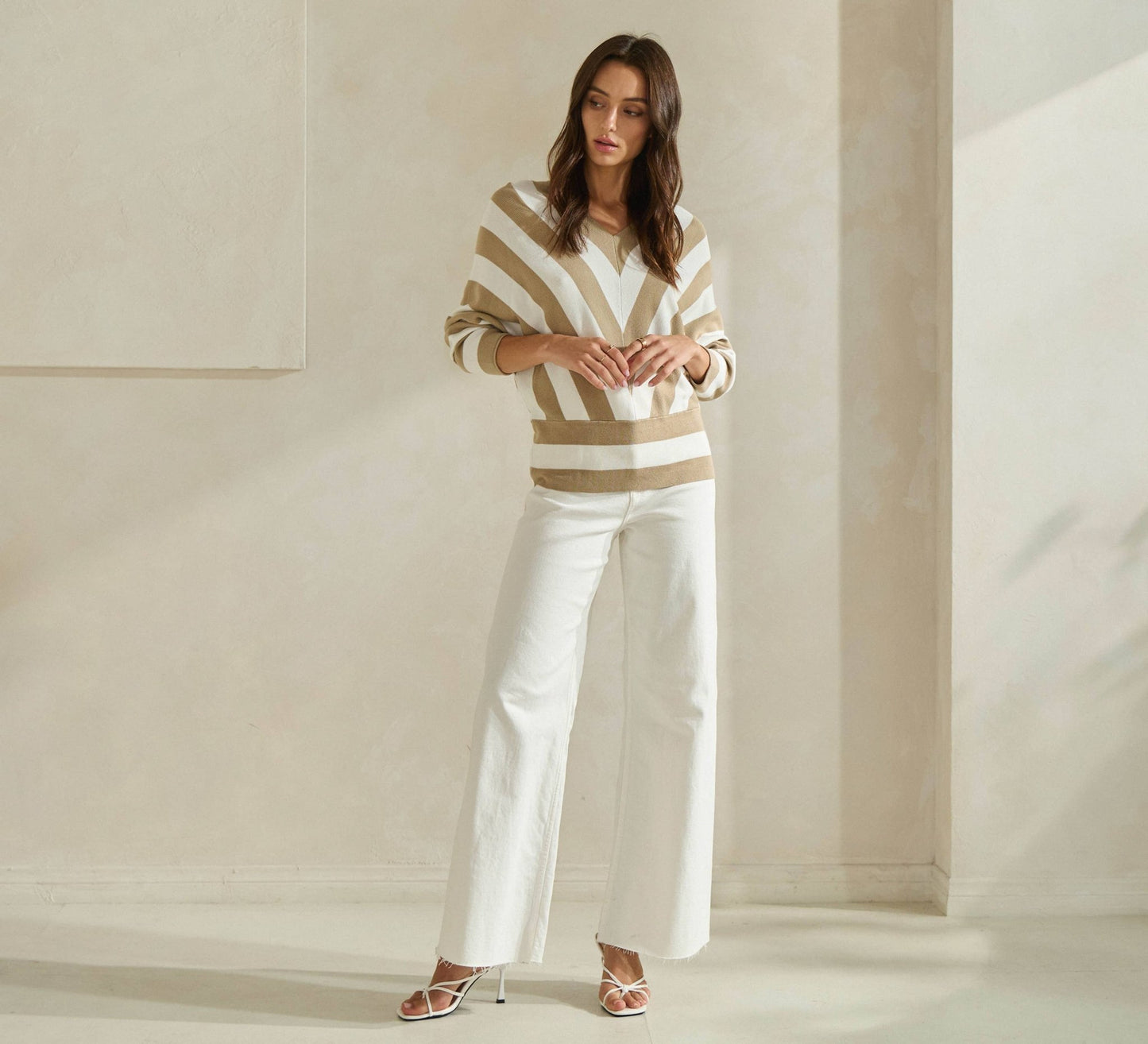 Ivory / Taupe Striped Dolman Sleeve Sweater - Purpose + Passion Boutique