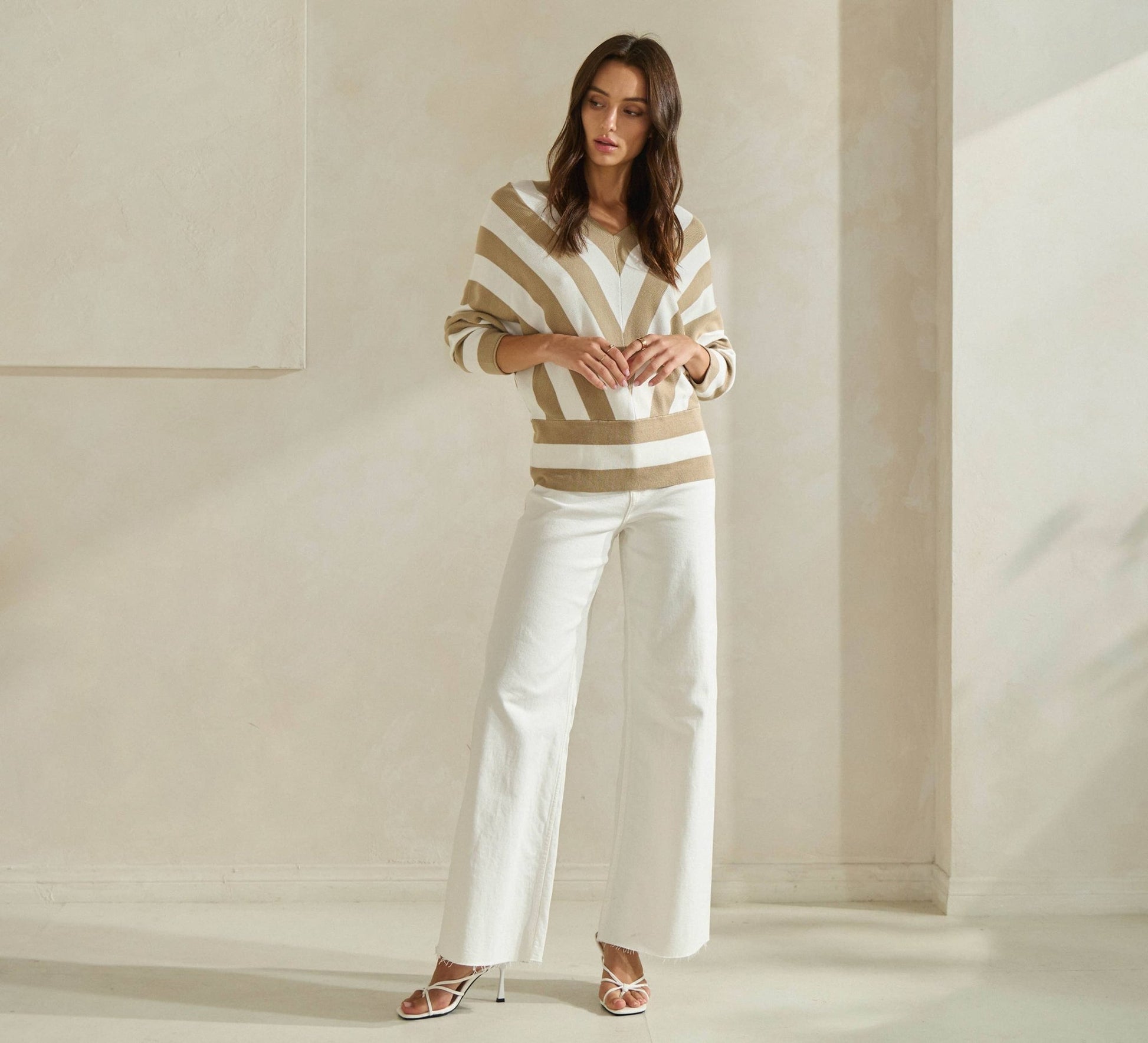 Ivory / Taupe Striped Dolman Sleeve Sweater - Purpose + Passion Boutique