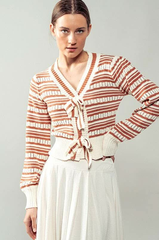 Ivory/Rust Ribbon Button Stripe Cardigan - Purpose + Passion Boutique