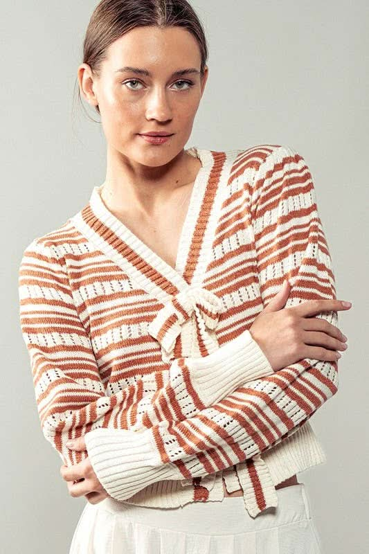 Ivory/Rust Ribbon Button Stripe Cardigan - Purpose + Passion Boutique