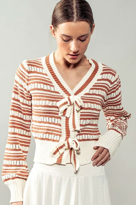 Ivory/Rust Ribbon Button Stripe Cardigan - Purpose + Passion Boutique