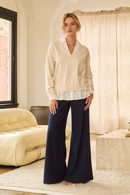 Ivory/White Layered Look V - Neck Sweater - Purpose + Passion Boutique