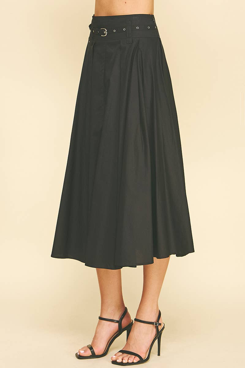 Jet Black Pleated A - Line Midi Skirt w/Belt - Purpose + Passion Boutique