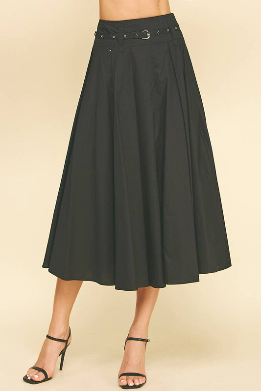 Jet Black Pleated A - Line Midi Skirt w/Belt - Purpose + Passion Boutique
