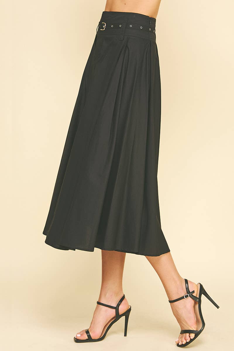 Jet Black Pleated A - Line Midi Skirt w/Belt - Purpose + Passion Boutique