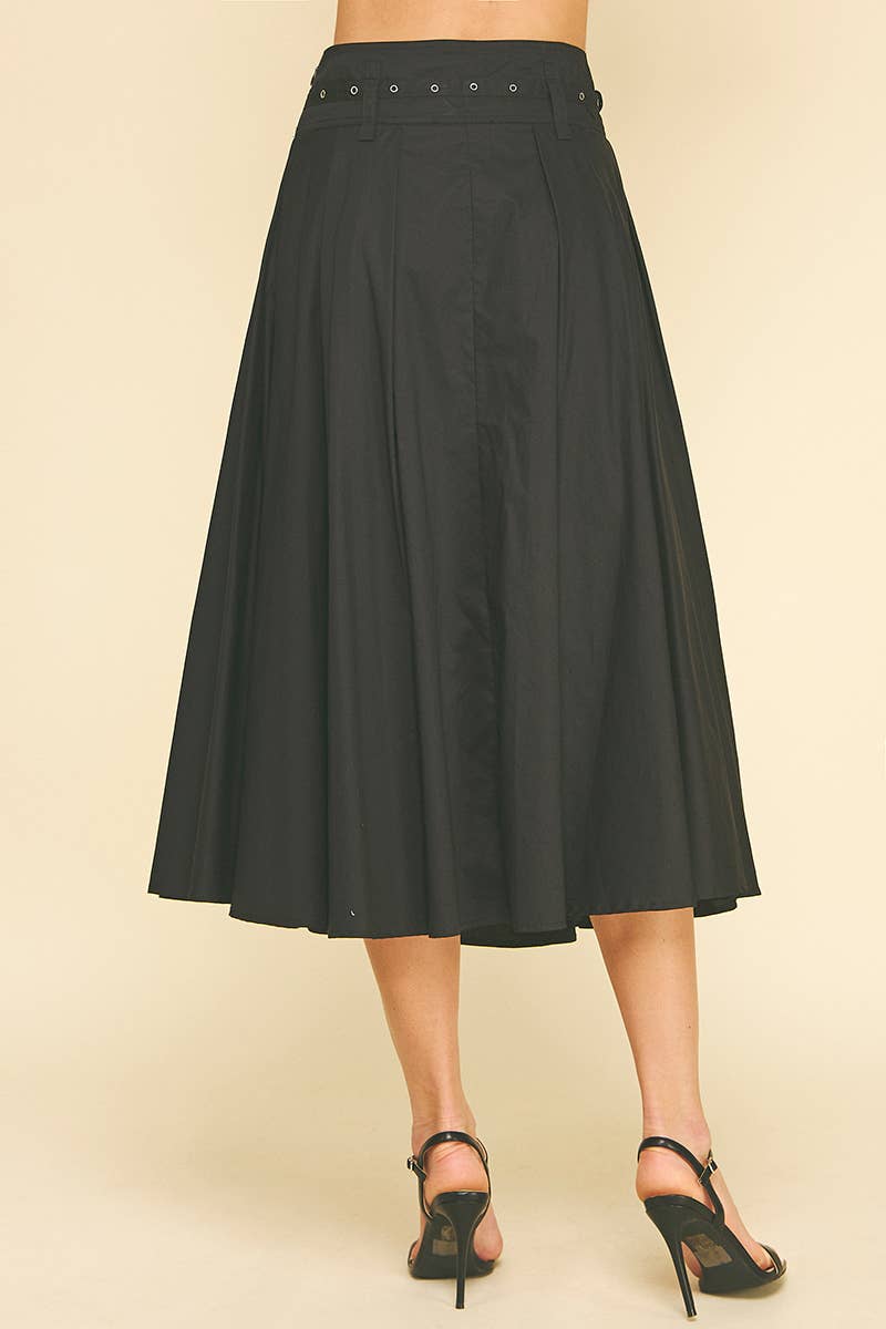 Jet Black Pleated A - Line Midi Skirt w/Belt - Purpose + Passion Boutique