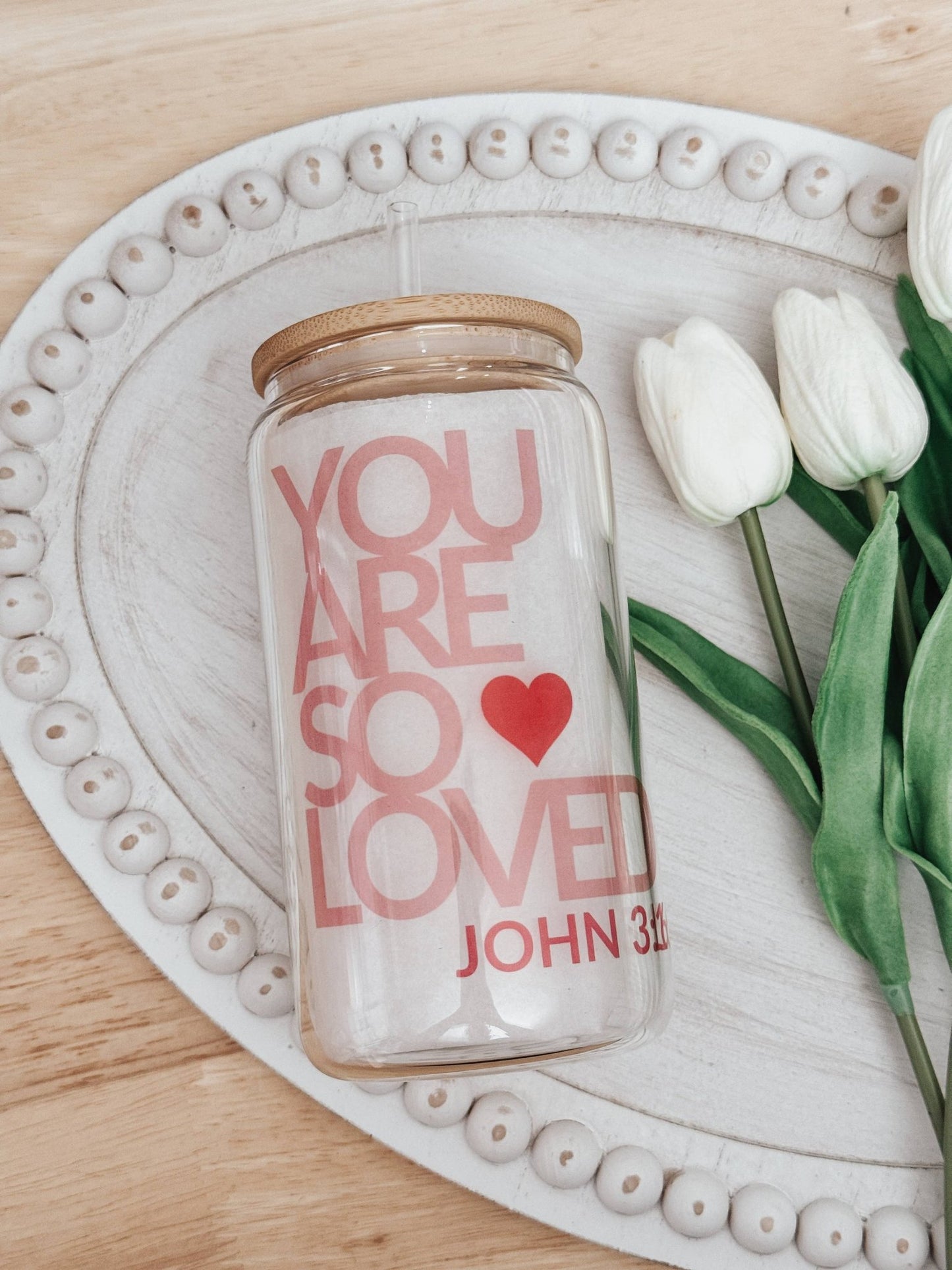John 3:16 16oz Glass Cup with Bamboo Lid - Purpose + Passion Boutique