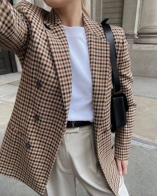 Khaki Check Double - Breasted Blazer - Purpose + Passion Boutique