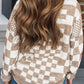 Khaki Checkered Print Drop Shoulder Round Neck Sweater - Purpose + Passion Boutique