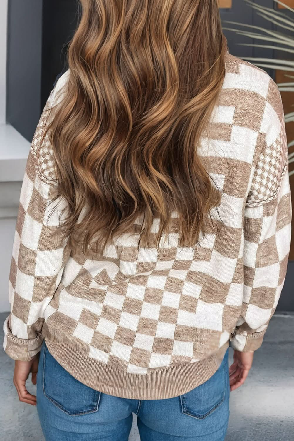 Khaki Checkered Print Drop Shoulder Round Neck Sweater - Purpose + Passion Boutique