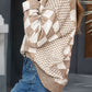 Khaki Checkered Print Drop Shoulder Round Neck Sweater - Purpose + Passion Boutique