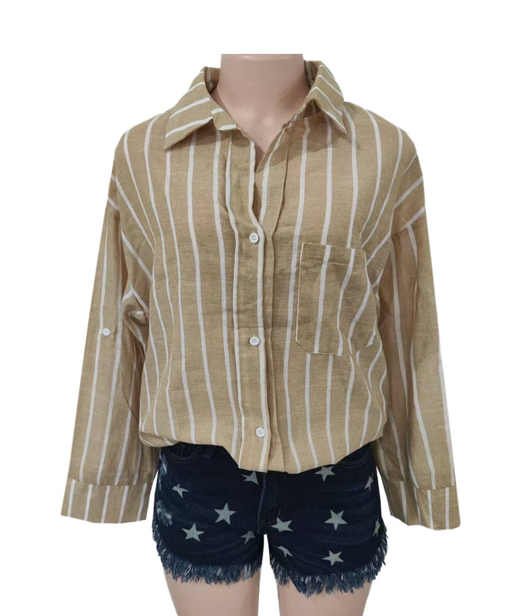 Khaki Contrast Striped Shirt With Pocket - Purpose + Passion Boutique