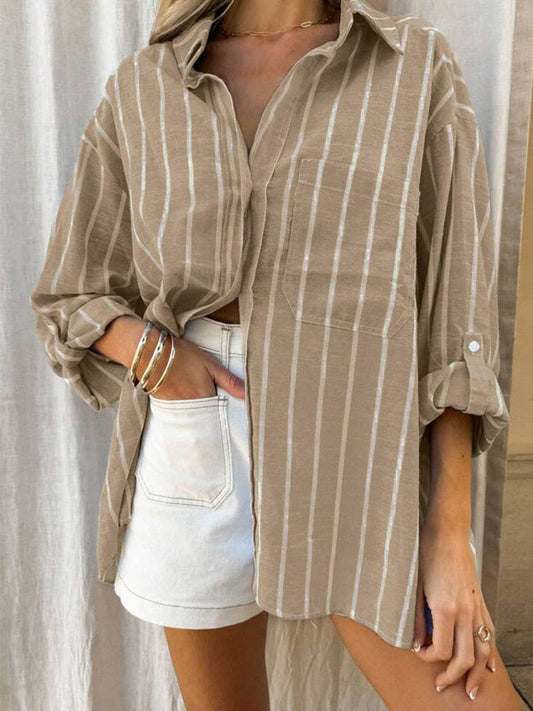 Khaki Contrast Striped Shirt With Pocket - Purpose + Passion Boutique