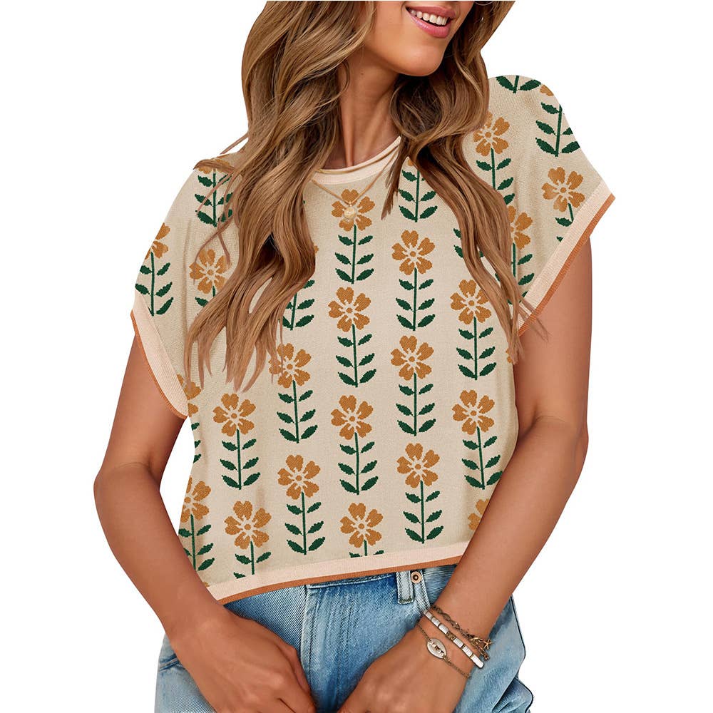 Khaki Crewneck Knitted Floral Pattern Top - Purpose + Passion Boutique