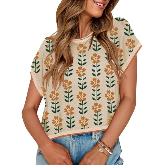 Khaki Crewneck Knitted Floral Pattern Top - Purpose + Passion Boutique