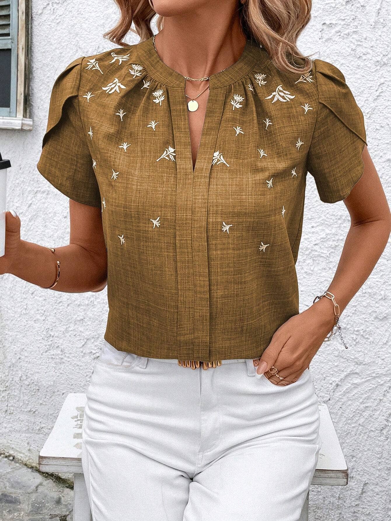 Khaki Half Open Collar Embossed Blouse - Purpose + Passion Boutique