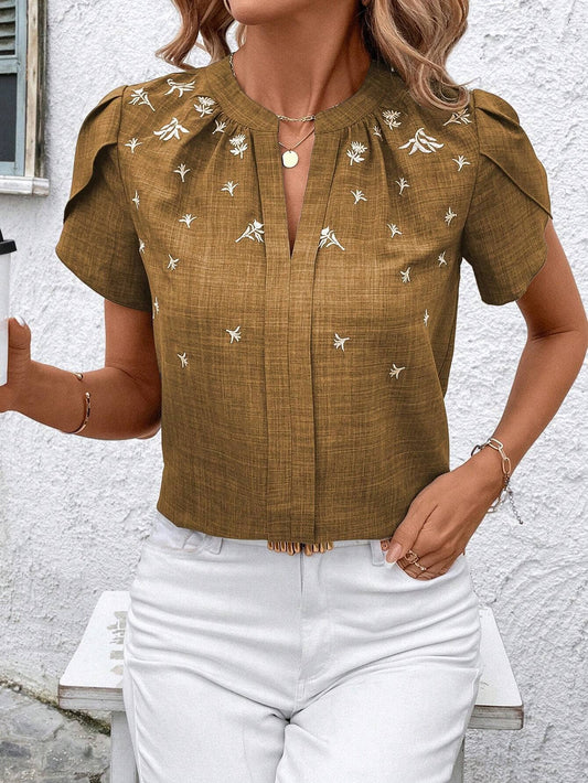 Khaki Half Open Collar Embossed Blouse - Purpose + Passion Boutique