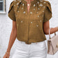 Khaki Half Open Collar Embossed Blouse - Purpose + Passion Boutique