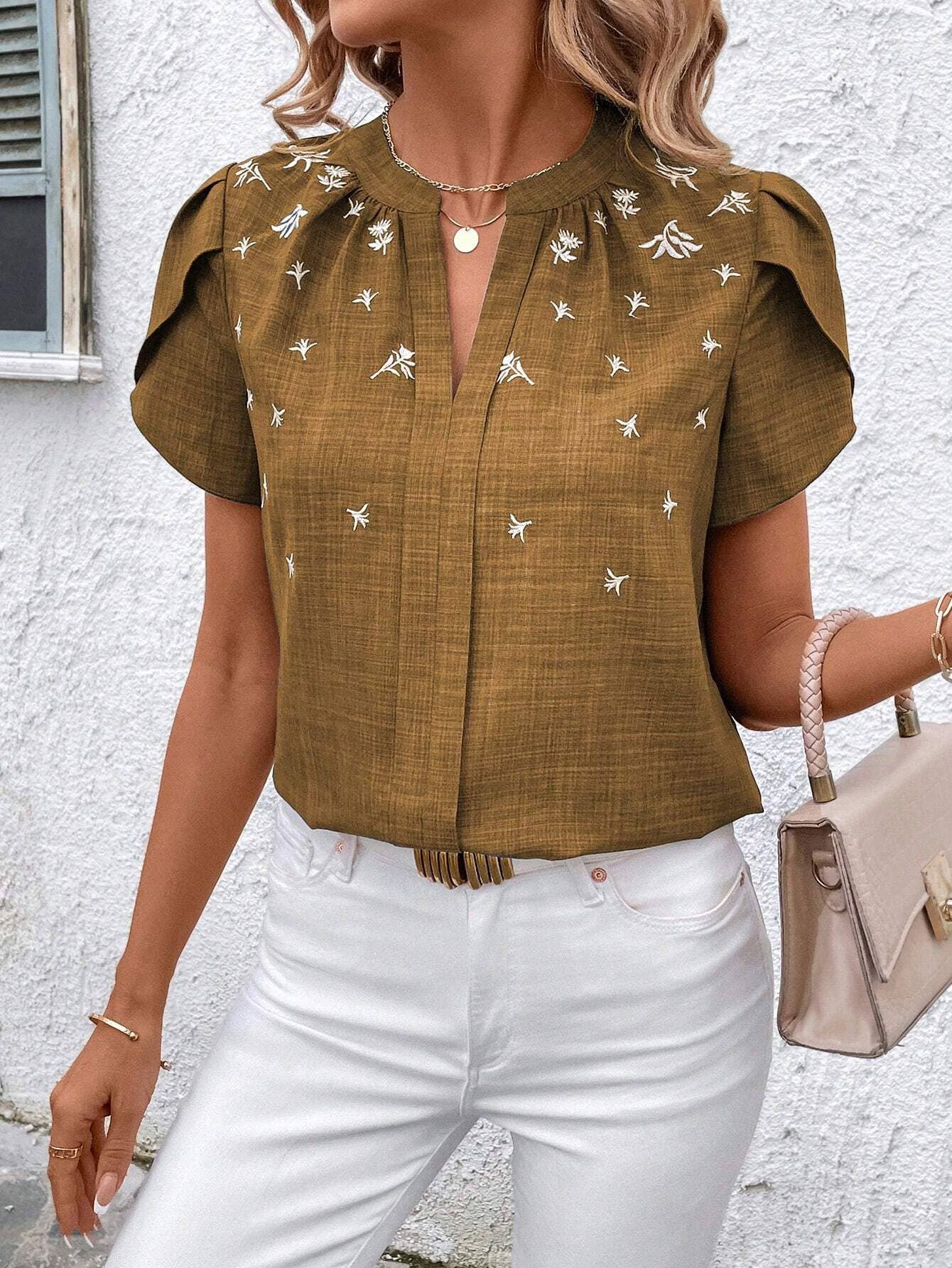 Khaki Half Open Collar Embossed Blouse - Purpose + Passion Boutique