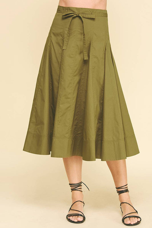 Khaki Pleated Midi Skirt with Tie - Purpose + Passion Boutique