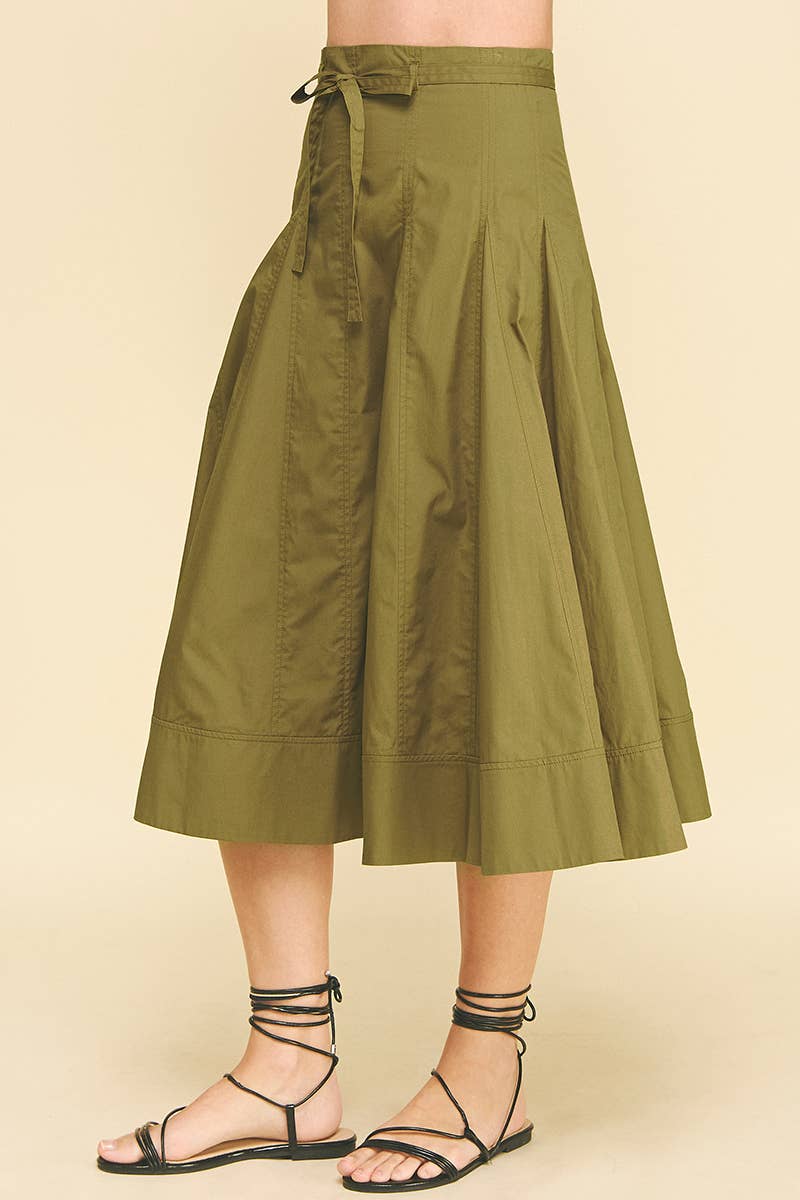 Khaki Pleated Midi Skirt with Tie - Purpose + Passion Boutique