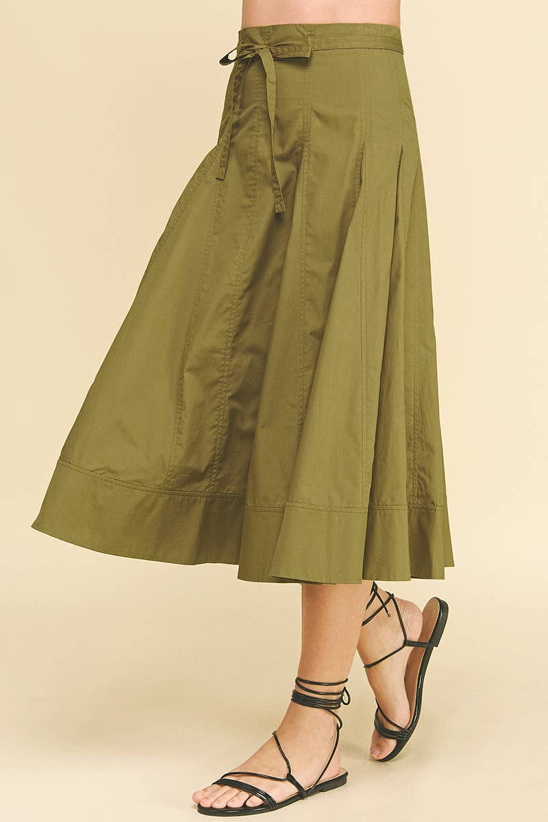 Khaki Pleated Midi Skirt with Tie - Purpose + Passion Boutique