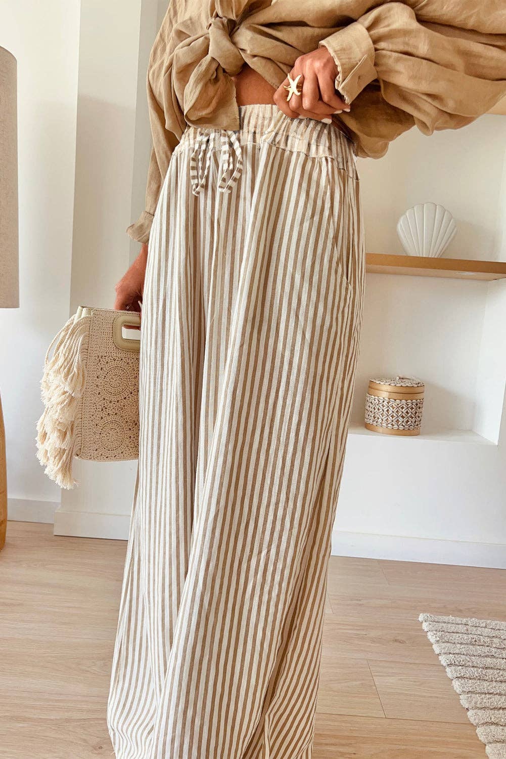 Khaki Stripe Drawstring Wide Leg Pants - Purpose + Passion Boutique