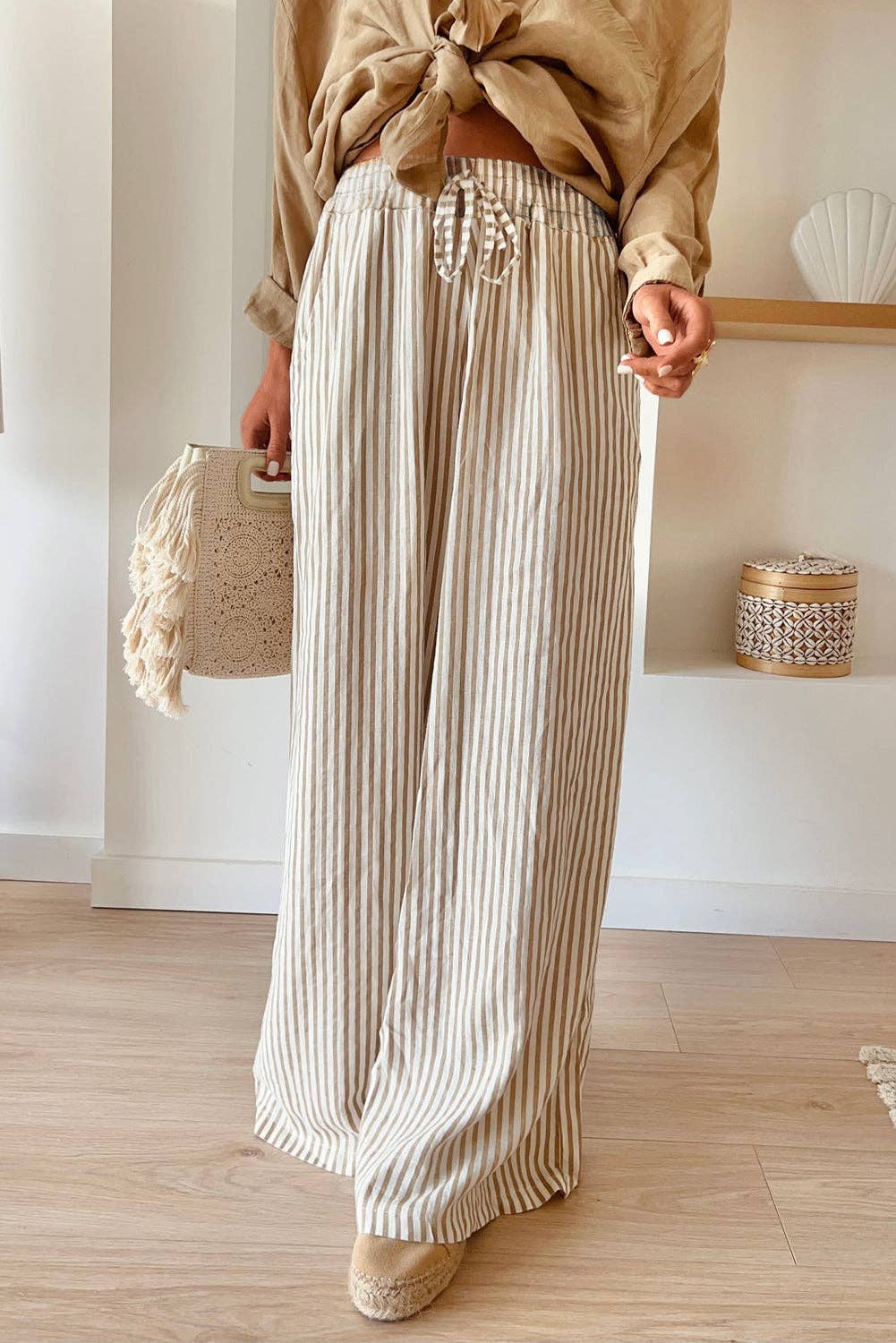 Khaki Stripe Drawstring Wide Leg Pants - Purpose + Passion Boutique